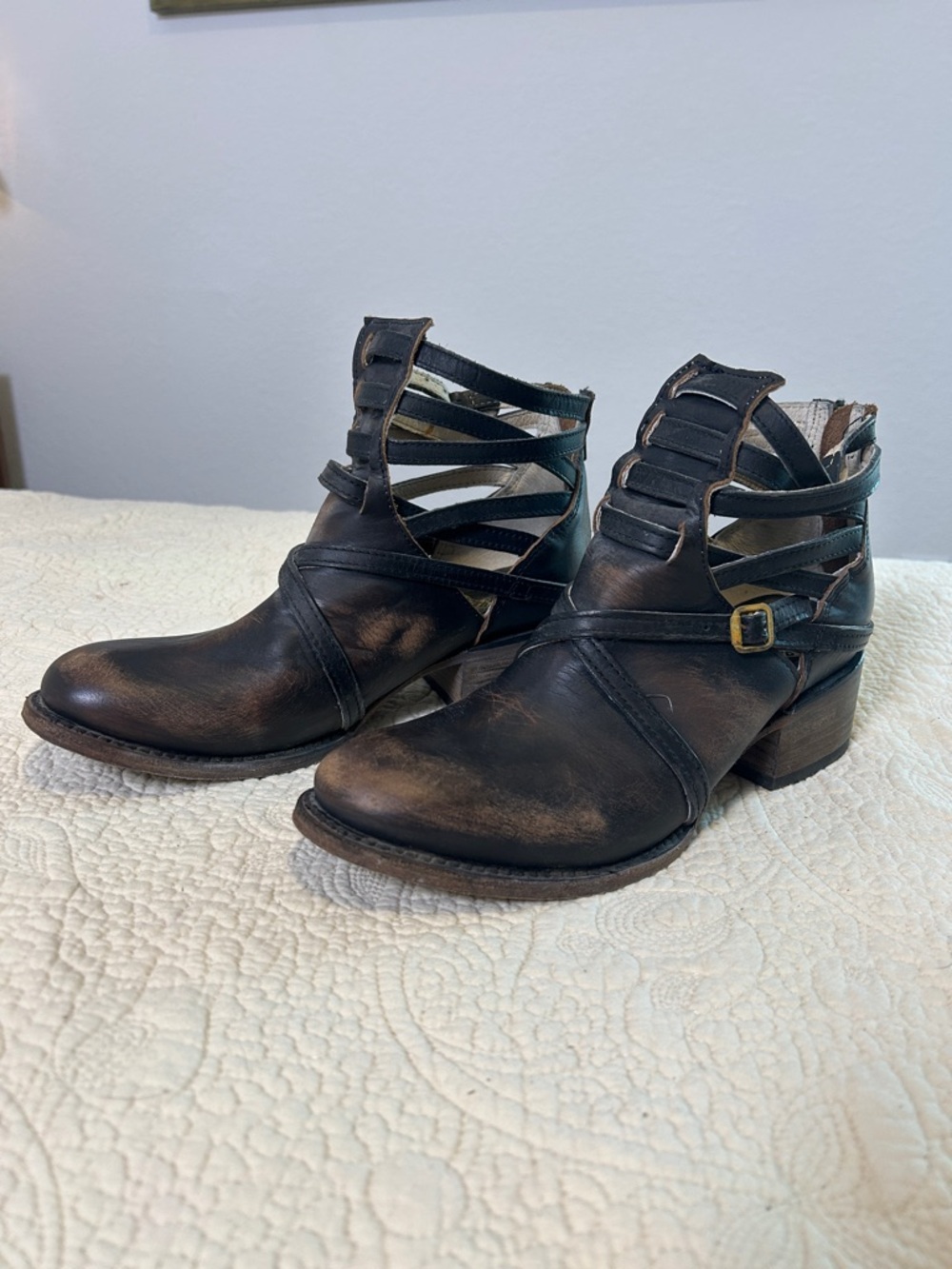 Freebird Stair Women's Black/Brown Distressed Strappy Ankle Booties